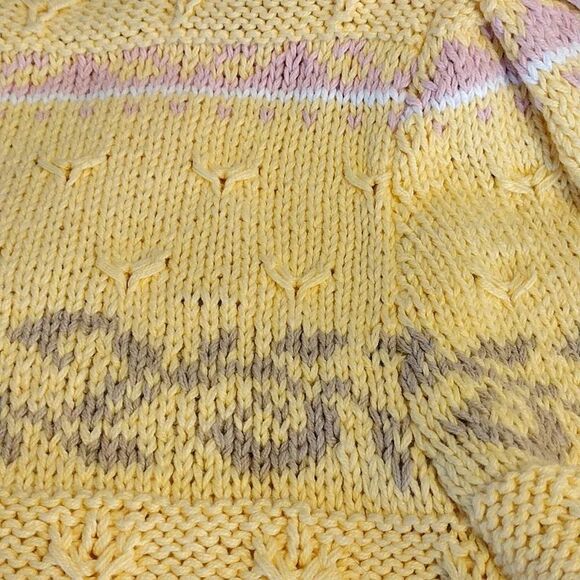 VTG 70s Yellow Pink Floral Cable Knit Vneck Sweater Large *Fits like Small - Picture 10 of 16